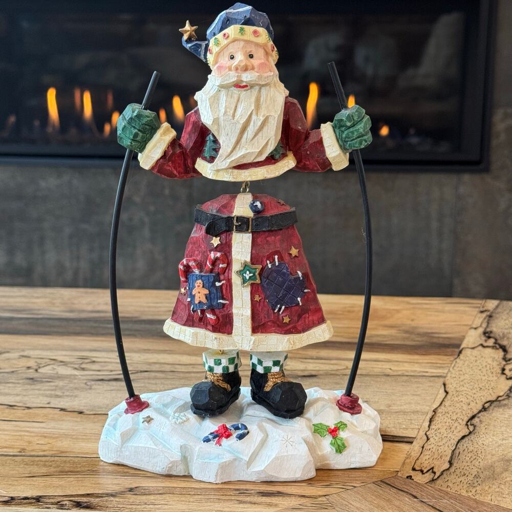 Vintage Folk Art Style Skiing Santa Bobble Body Figurine Christmas Decor 9.5”H